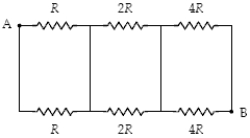 What is the equivalent resistance between points A and B in the figure when R = 20 Ω?   A)  77 Ω B)  63 Ω C)  70 Ω D)  84 Ω E)  140 Ω