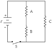 The circuit below contains three resistors, A, B, and C, which all have equal resistances. The emf ε = 110V. Which resistor generates the most thermal energy after the switch is closed?   A)  A B)  B C)  C D)  A and B E)  All three generate equal amounts of thermal energy.