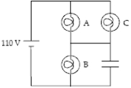 The circuit below contains three 100-W light bulbs and a capacitor. The emf is 110 V and the capacitor is fully charged. Which light bulb(s)  is(are)  brightest?   A)  A B)  B C)  C D)  A and B E)  A and C