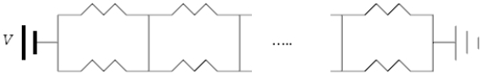 A circuit consists of 2N resistors, all of resistance R, connected as shown below. A potential difference V is applied to one end, and the other end is at ground potential. The equivalent resistance of the circuit is   A)    . B)  R. C)    . D)  NR. E)  2NR.