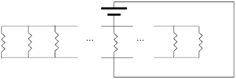 <strong>A circuit consists of N resistors, all of resistance R, connected as shown below. A potential difference V is applied to the circuit. The equivalent resistance of the circuit is  </strong> A)   . B)   . C) R. D) NR. E) 2NR. <div style=padding-top: 35px> 