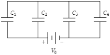 What is the total energy stored by C<sub>3</sub> when C<sub>1</sub> = 50 μF, C<sub>2</sub> = 30 μF, C<sub>3</sub> = 36 μF, C<sub>4</sub> = 12 μF, and V<sub>0</sub> = 30 V?   A)  6.3 mJ B)  25 mJ C)  57 mJ D)  1.6 mJ E)  14 mJ