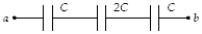 The equivalent capacitance of the circuit shown below is   A)  0.2 C. B)  0.4 C. C)  1 C. D)  4 C. E)  5 C.
