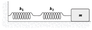 The mass in the figure below slides on a frictionless surface. When the mass is pulled out, spring 1 is stretched a distance x<sub>1</sub> from its equilibrium position and spring 2 is stretched a distance x<sub>2</sub>. The spring constants are k<sub>1</sub> and k<sub>2</sub> respectively. The force pulling back on the mass is:   A)  −k<sub>2</sub>x<sub>1</sub>. B)  −k<sub>2</sub>x<sub>2</sub>. C)  −(k<sub>1</sub>x<sub>1</sub> + k<sub>2</sub>x<sub>2</sub>) . D)    . E)    .