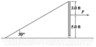 A uniform 100-lb beam is held in a vertical position by a pin at its lower end and a cable at its upper end. A horizontal force (magnitude P)  acts as shown in the figure. If P = 75 lb, what is the tension in the cable?   A)  54 lb B)  69 lb C)  47 lb D)  61 lb E)  75 lb