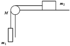Two blocks of masses m<sub>1</sub> and m<sub>2</sub> are connected by a light cord that passes over a pulley of mass M, as shown. Block m<sub>2</sub> slides on a frictionless horizontal surface. The blocks and pulley are initially at rest. When m<sub>1</sub> is released, the blocks accelerate and the pulley rotates. The total angular momentum of the system of the two blocks and the pulley relative to the axis of rotation of the pulley is   Use this exhibit to answer the following question(s) . -Refer to Exhibit 11-1. The total angular momentum of the system of the two blocks and the pulley relative to the axis of rotation of the pulley is A)  the same at all times. B)  proportional to l<sub>1</sub>, the length of string from the pulley to m<sub>1</sub>. C)  proportional to l<sub>2</sub>, the length of string from the pulley to m<sub>2</sub>. D)  conserved because the Earth doesn't move. E)  proportional to the speed of the blocks.