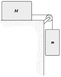 A mass m = 4.0 kg is connected, as shown, by a light cord to a mass M = 6.0 kg, which slides on a smooth horizontal surface. The pulley rotates about a frictionless axle and has a radius R = 0.12 m and a moment of inertia I = 0.090 kg⋅m<sup>2</sup>. The cord does not slip on the pulley. What is the magnitude of the acceleration of m?   A)  2.4 m/s<sup>2</sup> B)  2.8 m/s<sup>2</sup> C)  3.2 m/s<sup>2</sup> D)  4.2 m/s<sup>2</sup> E)  1.7 m/s<sup>2</sup>