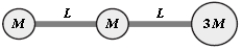If M = 0.50 kg, L = 1.2 m, and the mass of each connecting rod shown is negligible, what is the moment of inertia about an axis perpendicular to the paper through the center of mass? Treat the mass as particles.   A)  3.7 kg⋅m<sup>2</sup> B)  2.8 kg⋅m<sup>2</sup> C)  3.2 kg⋅m<sup>2</sup> D)  2.3 kg⋅m<sup>2</sup> E)  3.9 kg⋅m<sup>2</sup>