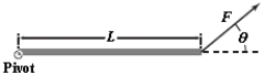 A uniform rod of mass M = 1.2 kg and length L = 0.80 m, lying on a frictionless horizontal plane, is free to pivot about a vertical axis through one end, as shown. The moment of inertia of the rod about this axis is given by (1/3) ML<sup>2</sup>. If a force (F = 5.0 N, θ = 40°)  acts as shown, what is the resulting angular acceleration about the pivot point?   A)  16 rad/s<sup>2</sup> B)  12 rad/s<sup>2</sup> C)  14 rad/s<sup>2</sup> D)  10 rad/s<sup>2</sup> E)  33 rad/s<sup>2</sup>