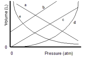 Which of the lines on the figure below is the best representation of the relationship between the volume of a gas and its pressure, other factors remaining constant?   A) a B) b C) c D) d E) e