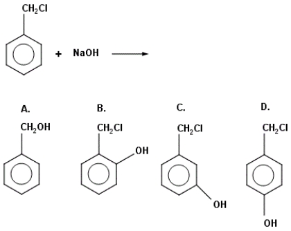 Identify the principal organic product when benzyl chloride reacts with aqueous sodium hydroxide.   A) A B) B C) C D) D E) None of these choices are correct.