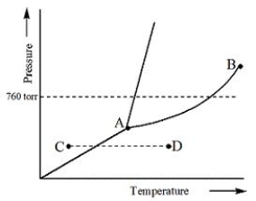 Examine the phase diagram for the substance Bogusium (Bo)  and select the correct statement.   A) Bo( s) has a lower density than Bo( l) . B) The triple point for Bo is at a higher temperature than the melting point for Bo. C) Bo changes from a solid to a liquid as one follows the line from C to D. D) Bo changes from a liquid to a gas as one follows the line from C to D. E) Point B represents the critical temperature and pressure for Bo.