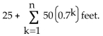 Solve. -A ball is dropped from a height of 25 feet. Each time it strikes the ground, it bounces up to 0.7 of theprevious height. The total distance the ball has traveled before the second bounce is 25 + 2(25 ∙ 0.7) feet,and the total distance the ball has traveled before bounce n + 1 is   Use facts about infinite geometric series to calculate the total distance the ball has traveled by the time it hasstopped bouncing. A)    B)    C)    D)   
