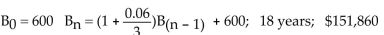 Solve. -Jack decided to put $600 into an IRA account every 3 months at a rate of 6% compounded quarterly. Find arecursive formula that represents his balance at the end of each quarter. How long will it be before thevalue of the account is $100,000? What will be the balance in 30 years when Jack retires? A)    B)    C)    D)   
