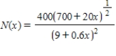 A sociologist has found that the number of serious crimes in a certain city each year is described by the function   where x (in cents/dollar deposited) is the level of reinvestment in the area in conventional mortgages by the city's ten largest banks. Use differentials to estimate the change in the number of crimes if the level of reinvestment changes from 21   /dollar deposited to 25   /dollar deposited. Round to the nearest integer. Decrease of __________ crimes/yr.