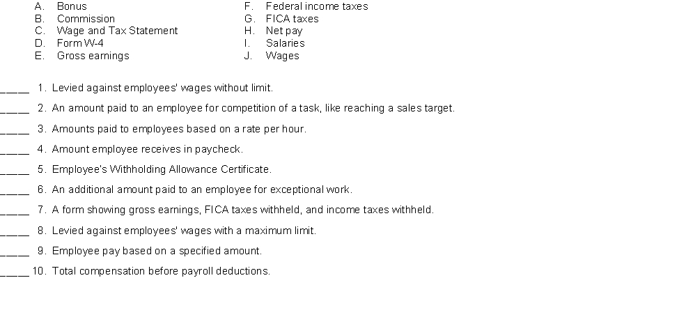 Match the items below by entering the appropriate code letter in the space provided.  