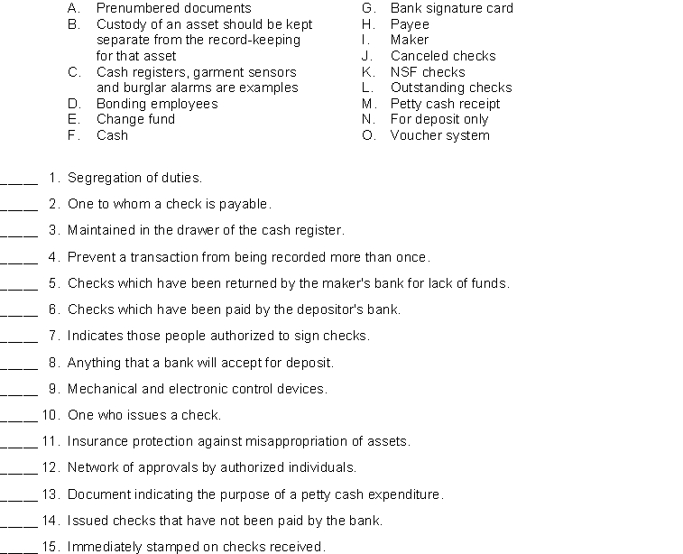 Match the items below by entering the appropriate code letter in the space provided.  