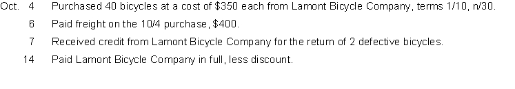On October 1, Lance's Bicycle Store had an inventory of 20 ten-speed bicycles at a cost of $350 each. During the month of October, the following transactions occurred.   Instructions Prepare the journal entries to record the transactions.