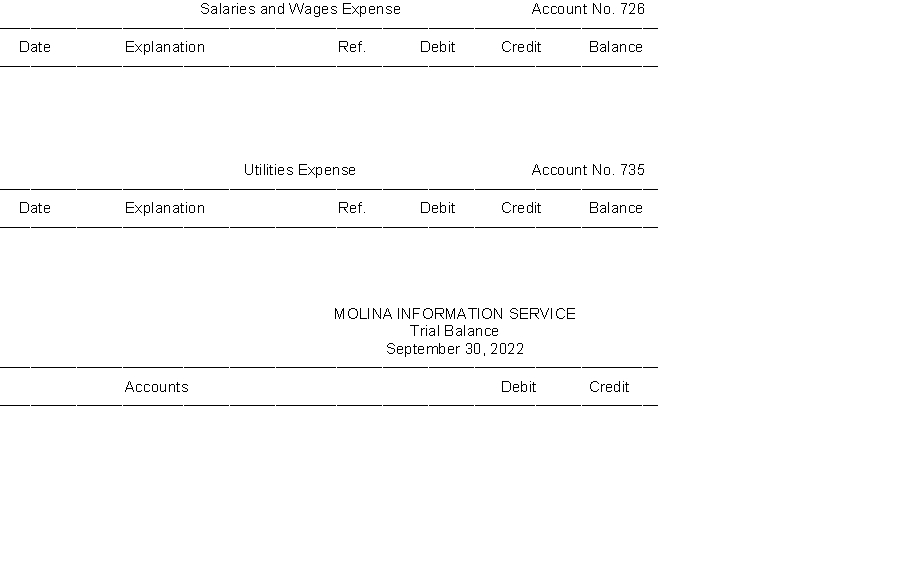 The transactions of Molina Information Service are recorded in the general journal below. You are to post the journal entries to the accounts in the general ledger. After all entries have been posted, you are to prepare a trial balance on the form provided.         -------------------------------------------