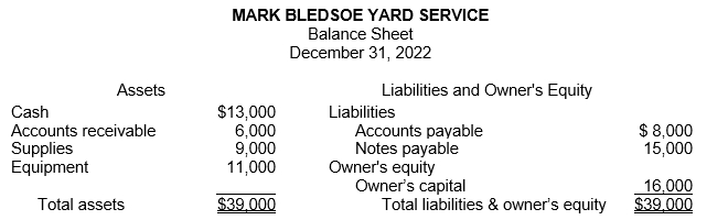 Presented below is a balance sheet for Mark Bledsoe Yard Service at December 31, 2022.   The following additional data are available for the year which began on January 1: All expenses (excluding supplies expense) total $6,000. Supplies on January 1, were $11,000 and $7,000 of supplies were purchased during the year. Net income for the year was $8,000 and drawings were $9,000. Instructions Determine the following: (Show all computations.) 1. Supplies used during the year. 2. Total expenses for the year. 3. Service revenues for the year. 4. Owner's capital balance on January 1.