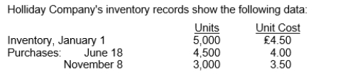   A physical inventory on December 31 shows 2,000 units on hand.Holliday sells the units for ₤6 each.The company has an effective tax rate of 20%.Holliday uses the periodic inventory method.If the company uses FIFO, what is the gross profit for the period? A) ₤1,000 B) ₤5,000 C) ₤10,500 D) ₤19,000 