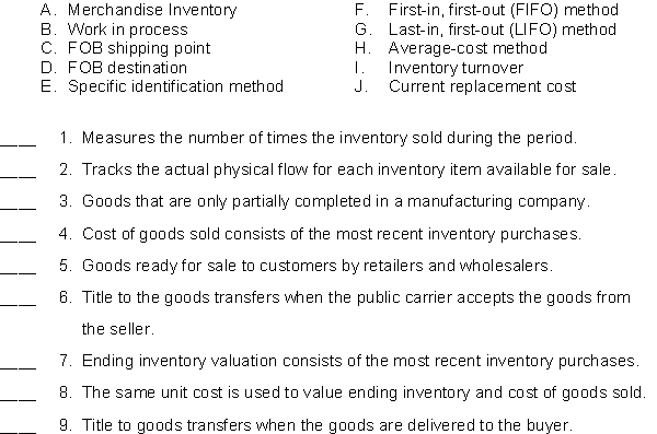 Match the items below by entering the appropriate code letter in the space provided.    