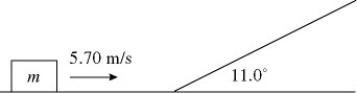 Energy conservation with nonconservative forces: In the figure, a block of mass m is moving along the horizontal frictionless surface with a speed of 5.70 m/s. If the slope is 11.0° and the coefficient of kinetic friction between the block and the incline is 0.260, how far does the block travel up the incline?  