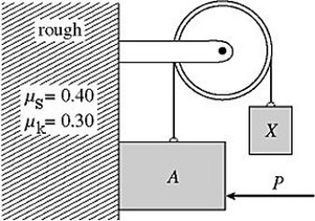 Multiple-object systems with friction: Block A of mass 5.0 kg and block X are attached to a rope which passes over a pulley, as shown in the figure. An 80-N force P is applied horizontally to block A, keeping it in contact with a rough vertical face. The coefficients of static and kinetic friction between the wall and block A are μ<sub>s</sub> = 0.40 and μ<sub>k</sub> = 0.30. The pulley is light and frictionless. The mass of block X is adjusted until block A moves upward with an acceleration of 1.6 m/s<sup>2</sup>. What is the mass of block X?   A)  9.9 kg B)  9.3 kg C)  8.7 kg D)  8.1 kg E)  7.5 kg