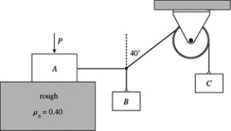 Equilibrium: A system of blocks and a frictionless pulley is shown in the figure. Block A has a mass of 2.0 kg and is on a rough horizontal surface for which μ<sub>s</sub> = 0.40 between the surface and block A. The rope pulls horizontally on block A. Block C has a mass of 1.0 kg. An external force P = 23.0 N, applied vertically to block A, maintains the system at rest as shown in the figure. What is the friction force on block A?   A)  6.3 N B)  6.9 N C)  7.5 N D)  5.7 N E)  5.1 N