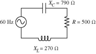 Reactance: The 60-Hz ac source of the series circuit shown in the figure has a voltage amplitude of 120 V. The capacitive reactance is 790 Ω, the inductive reactance is 270 Ω, and the resistance is 500Ω.   (a) What is the capacitance of the capacitor? (b) What is the inductance of the inductor?