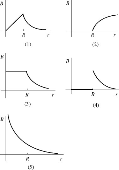 <strong>Ampere's law: A very long, hollow, thin-walled conducting cylindrical shell (like a pipe) of radius R carries a current along its length uniformly distributed throughout the thin shell. Which one of the graphs shown in the figure most accurately describes the magnitude B of the magnetic field produced by this current as a function of the distance r from the central axis?  </strong> A) 1 B) 2 C) 3 D) 4 E) 5 <div style=padding-top: 35px> 