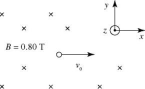Velocity selector: A uniform magnetic field of magnitude 0.80 T in the negative z-direction is present in a region of space, as shown in the figure. A uniform electric field is also present. An electron that is projected with an initial velocity   in the positive x-direction passes through the region without deflection. What is the electric field vector in the region?   A)  - 73 kV/m   B)  + 73 kV/m   C)  + 110 kV/m   D)  + 110 kV/m   E)  - 110 kV/m  