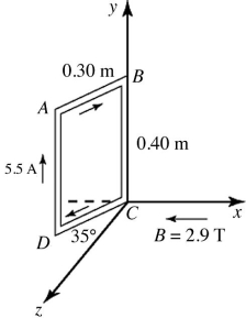 Torque: A rigid rectangular loop, which measures 0.30 m by 0.40 m, carries a current of 5.5 A, as shown in the figure. A uniform external magnetic field of magnitude 2.9 T in the negative x direction is present. Segment CD is in the xz-plane and forms a 35° angle with the z-axis, as shown. Find the magnitude of the external torque needed to keep the loop in static equilibrium.   A)  1.1 N ∙ m B)  0.73 N ∙ m C)  1.3 N ∙ m D)  1.4 N ∙ m E)  1.6 N ∙ m