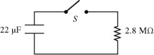 RC circuits: For the circuit shown in the figure, the switch S is initially open and the capacitor voltage is 80 V. The switch is then closed at time t = 0. How long after closing the switch will the current in the resistor be 7.0 µA?   A)  87 s B)  95 s C)  78 s D)  69 s E)  61 s