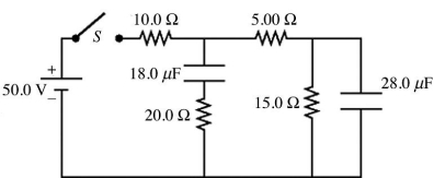 RC circuits: For the circuit shown in the figure, the capacitors are all initially uncharged, the connecting leads have no resistance, the battery has no appreciable internal resistance, and the switch S is originally open.   (a) Just after closing the switch S, what is the current in the 15.0-Ω resistor?  A) 0.00 A B) 1.67 A C) 2.50 A D) 3.33 A E) 5.00 A (b) After the switch S has been closed for a very long time, what is the potential difference across the 28.0-μF capacitor? A) 0.00 V B) 25.0 V C) 3.33 V D) 37.5 V E) 50.0 V