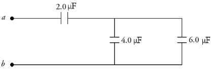 Capacitors in combination: Three capacitors are connected as shown in the figure. What is the equivalent capacitance between points a and b?   A)  1.7 µF B)  4.0 µF C)  7.1 µF D)  12 µF E)  8.0 µF