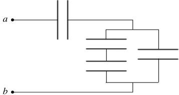 Capacitors in combination: The capacitors in the network shown in the figure all have a capacitance of 5.0 µF. What is the equivalent capacitance, C<sub>ab</sub>, of this capacitor network?   A)  20 µF B)  3.0 µF C)  10 µF D)  5.0 µF E)  1.0 µF