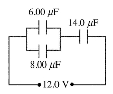Capacitors in combination: Two capacitors of capacitance 6.00 μF and 8.00 μF are connected in parallel. The combination is then connected in series with a 12.0-V voltage source and a 14.0-μF capacitor, as shown in the figure.   (a) What is the equivalent capacitance of this combination? (b) What is the charge on the 6.00-μF capacitor? (c) What is the potential difference across the 6.00-μF capacitor?