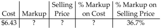 Find the missing quantities by first computing the markup on one base and then computing the markup on the other. Round rates to the nearest tenth of a percent and dollar amounts to the nearest cent. -  A) Markup = $2.36 Selling price = $4.07 % Markup on cost = 36.7% B) Markup = $2.36 Selling price = $8.79 % Markup on cost = 26.8% C) Markup = $3.72 Selling price = $2.71 % Markup on cost = 57.8% D) Markup = $3.73 Selling price = $10.15 % Markup on cost = 57.8%