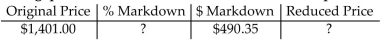 Find the missing quantities. Round rates to the nearest whole percent and money to the nearest cent. -  A) % Markdown = 35% Reduced price = $910.65 B) % Markdown = 35% Reduced price = $1,891.35 C) % Markdown = 65% Reduced price = $490.35 D) % Markdown = 65% Reduced price = $910.65