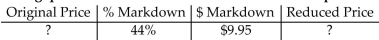 Find the missing quantities. Round rates to the nearest whole percent and money to the nearest cent. -  A) Original price = $22.61 Reduced price = $32.56 B) Original price = $12.66 Reduced price = $22.61 C) Original price = $14.33 Reduced price = $4.38 D) Original price = $22.61 Reduced price = $12.66