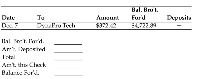 Find the balance forward for the check stub. -  A) $4,722.89 B) $5,095.31 C) $4,350.47 D) $372.42