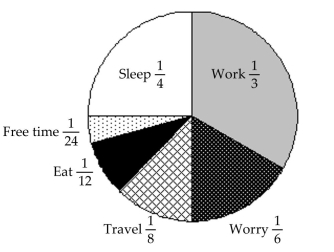 The graph represents the 24-hour day of a small-business owner.   -What fraction of the day is spent in free time and travel? A)    B)    C)    D)   