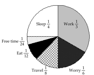 The graph represents the 24-hour day of a small-business owner.   -If  worry  is another form of work, what fraction of the day is spent working? A)    B)    C)    D)   