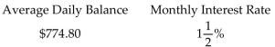 Find the finance charge for the following revolving charge account. Assume that interest is calculated on the average daily balance of the account. -  A) $11.62 B) $13.56 C) $116.22 D) $9.69