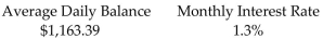 Find the finance charge for the following revolving charge account. Assume that interest is calculated on the average daily balance of the account. - A) $151.24 B) $15.12 C) $13.96 D) $16.29