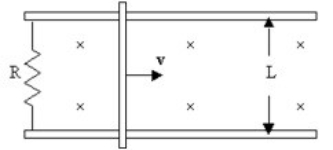 A conducting rod is free to slide on horizontal, frictionless rails separated by 2.0 m. At a particular time, the rod is sliding at 4.0 m/s to the right, as shown. A uniform magnetic field is directed into the page. If a current of 40 mA is generated in the circuit at this time, and the resistance R is 0.36 Ω, what is the magnitude of the magnetic field between the rails?   A)  0.028 T B)  0.11 T C)  14 mT D)  3.6 mT E)  1.8 mT