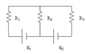 In the diagram, if the current through R<sub>1</sub> is 5 A up, and the current through R<sub>3</sub> is 3 A up, what is the current in R<sub>2</sub>?   A)  8 A up B)  8 A down C)  2 A up D)  2 A down E)  more information is needed