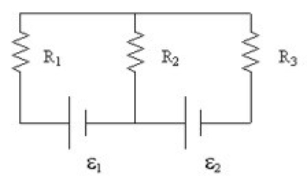 <strong>If R<sub>1</sub> = 6.0 Ω, R<sub>2</sub> = 8.0 Ω, R<sub>3</sub> = 2.0 Ω, ε<sub>1</sub> = 4.0 V, and ε<sub>2</sub> = 14 V, what is the power supplied to the circuit by ε<sub>1</sub>? </strong> A) 4.0 W B) 8.0 W C) 12 W D) 16 W E) 20 W