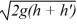 A cylindrical tank (height h, radius r)  is full to the brim of water and its top is open to the outside air. What expression describes the speed of fluid flowing out of a hole that is opened up at height h′ above the bottom of the tank? A)  −2 g h′ B)    C)    D)   